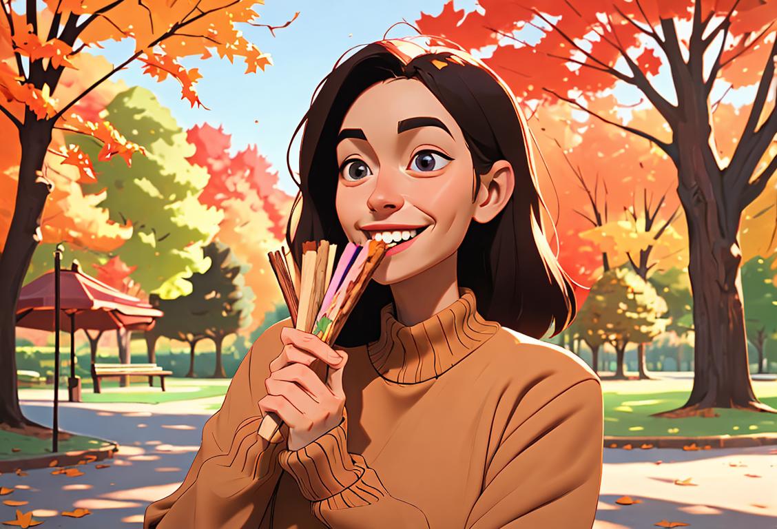 A smiling person holding a crunchy snack stick, wearing a cozy sweater, embracing autumn vibes in a park..