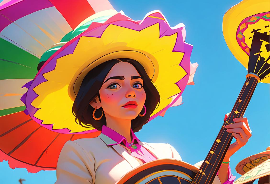 Young woman holding a concha, wearing a colorful sombrero, vibrant Mexican market scene, lively mariachi band in the background..