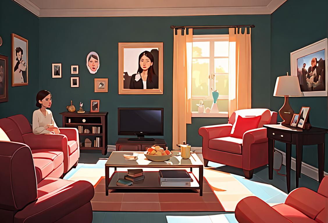 A diverse group of people watching a TV show together, wearing casual clothes, various styles and backgrounds, living room setting..