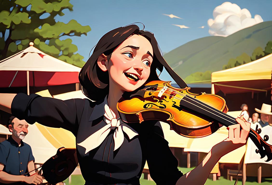 A joyful, fiddle-playing musician in traditional attire, surrounded by a lively crowd, set against a scenic outdoor festival backdrop..