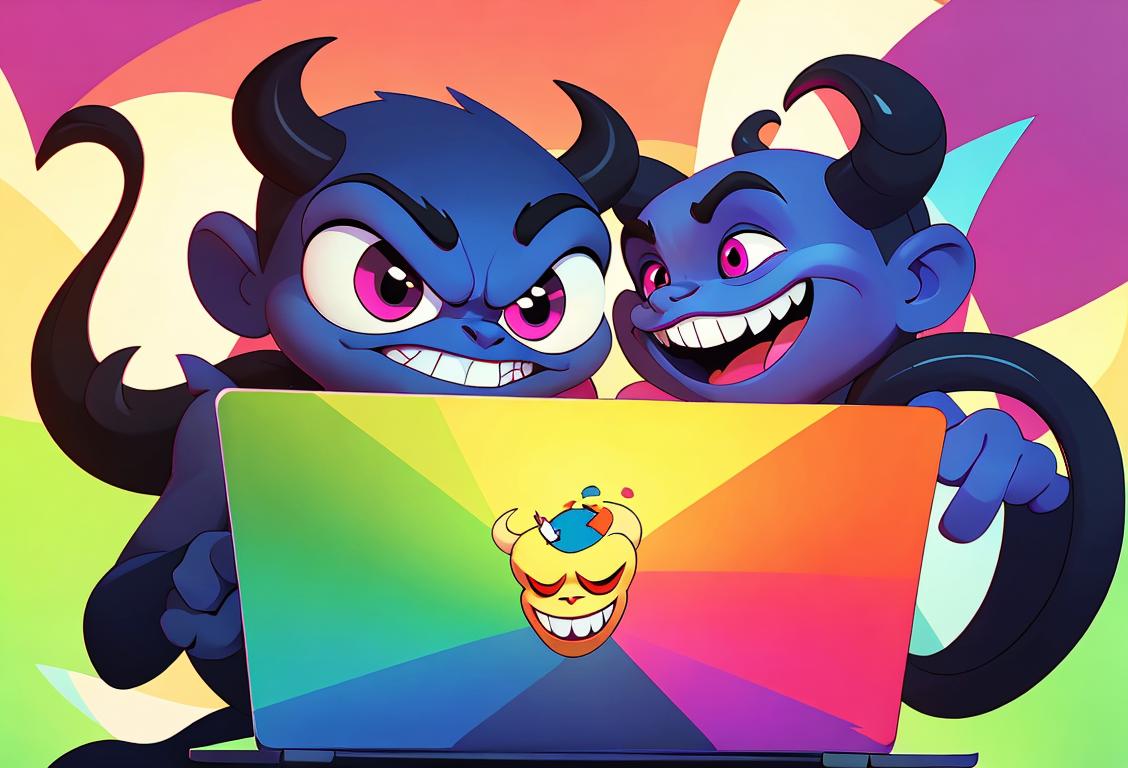 A friendly cartoon demon with happy eyes wearing a colorful shirt, holding a laptop, surrounded by a playful internet-themed background..