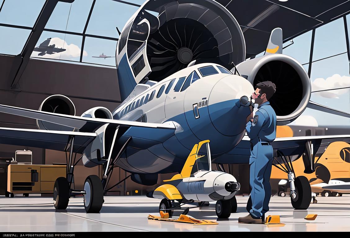 Aviation maintenance technician working on a plane engine, wearing a clean jumpsuit, futuristic aviation facility, surrounded by high-tech tools..
