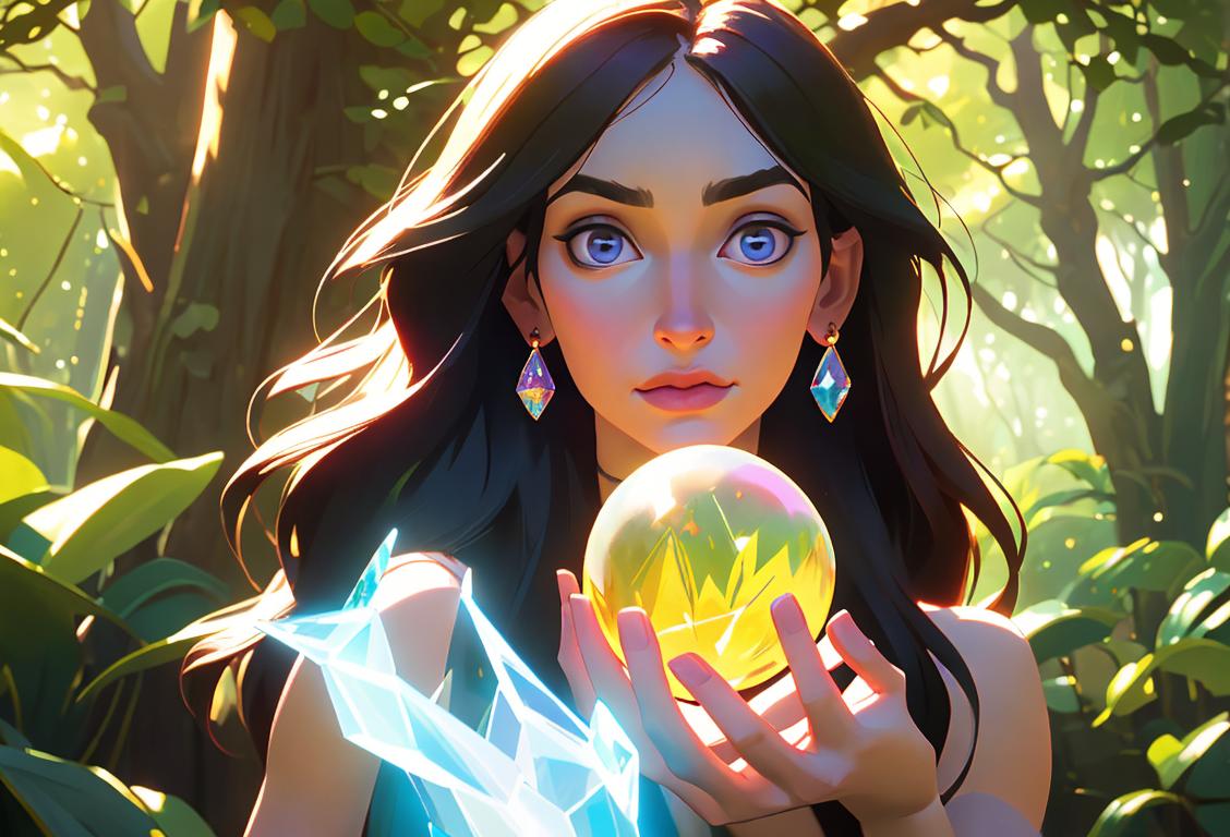 Young woman surrounded by mystical aura, wearing bohemian attire and holding a crystal ball, enchanted woodland setting..