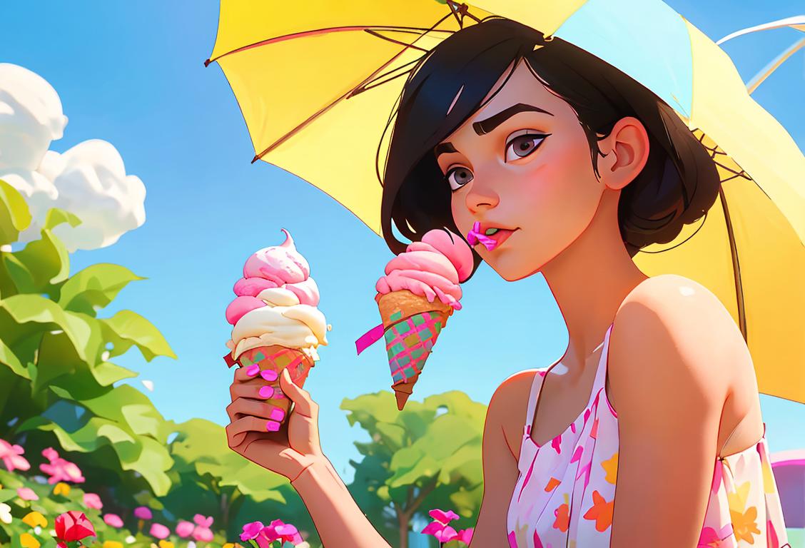 Young girl enjoying an ice cream cone, dressed in a colorful summer dress, in a sunny park surrounded by blooming flowers..