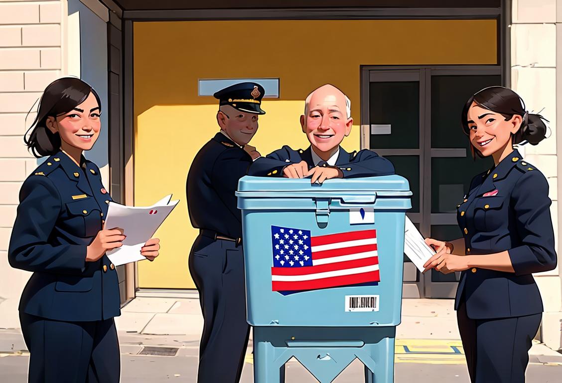 A group of National Guard personnel, in uniform, smiling and assisting voters at a bustling polling location on Election Day..