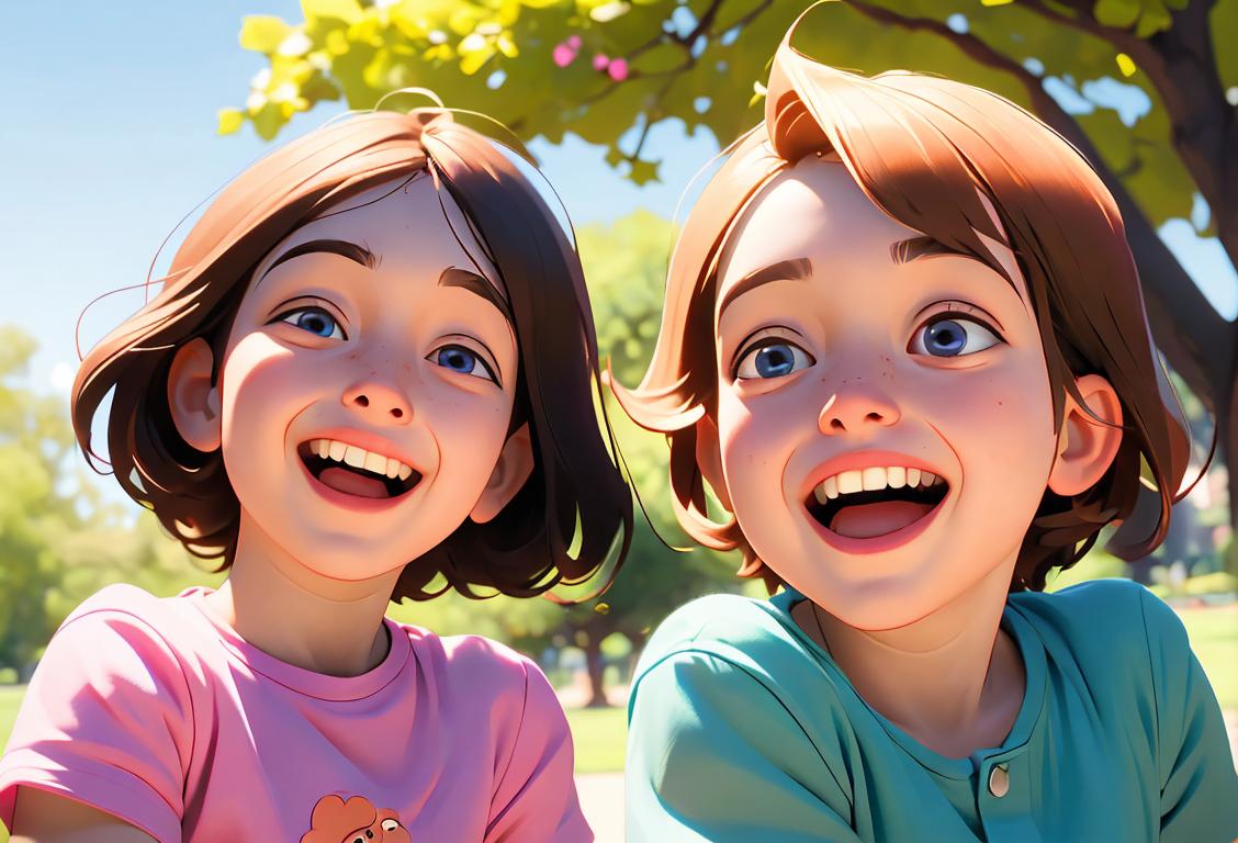 Two siblings, one slightly out of focus, laughing and making silly faces in a bright, sunny park setting..