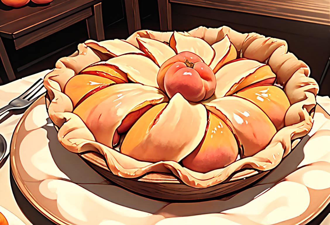 A rustic wooden table set with a steaming, golden peach pie, surrounded by fresh peaches and a gingham napkin..