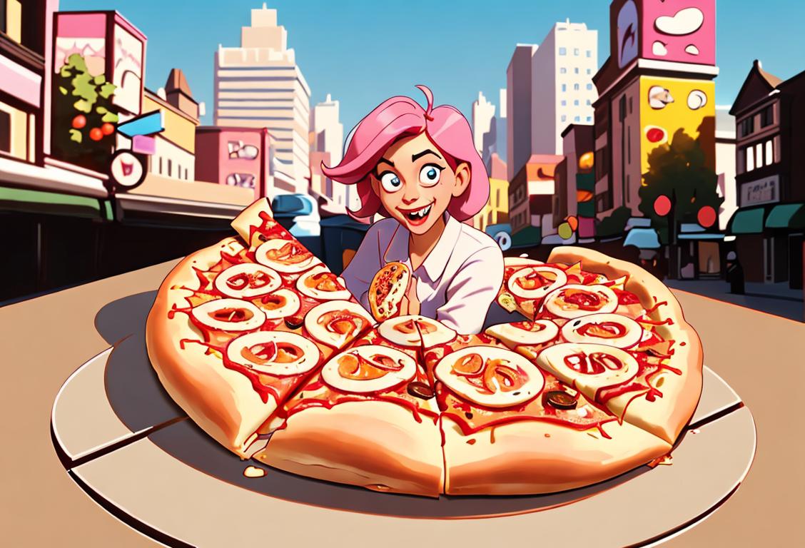 A joyful person taking a bite out of a delicious bagel pizza, dressed in a trendy outfit, with a bustling cityscape in the background..
