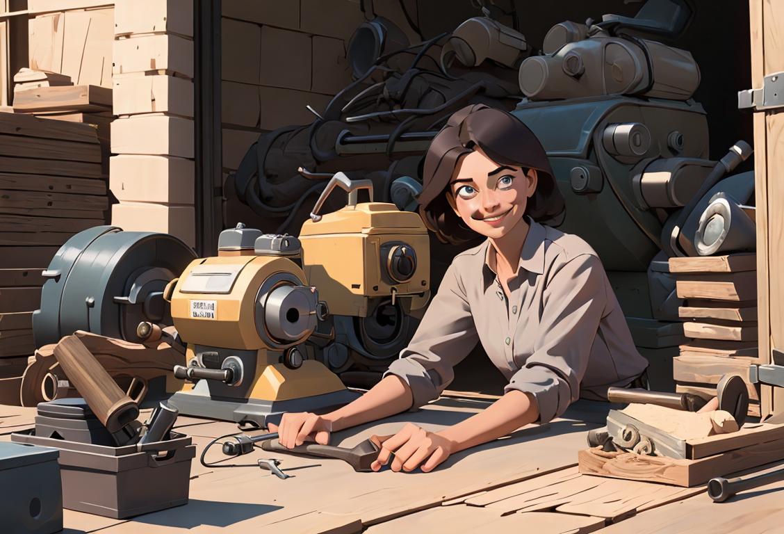 A person in work clothes, smiling, along with a generator, surrounded by tools and machinery..