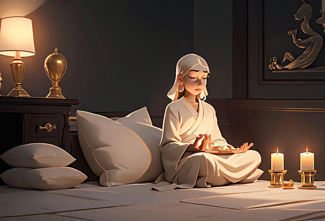 A peaceful room with soft lighting, a person meditating on a cushion, surrounded by candles and incense..