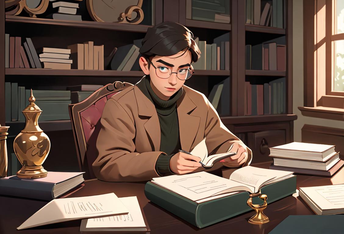A young scholar with glasses, reading a book, sitting in a cozy study room filled with academic decorations and surrounded by piles of books..