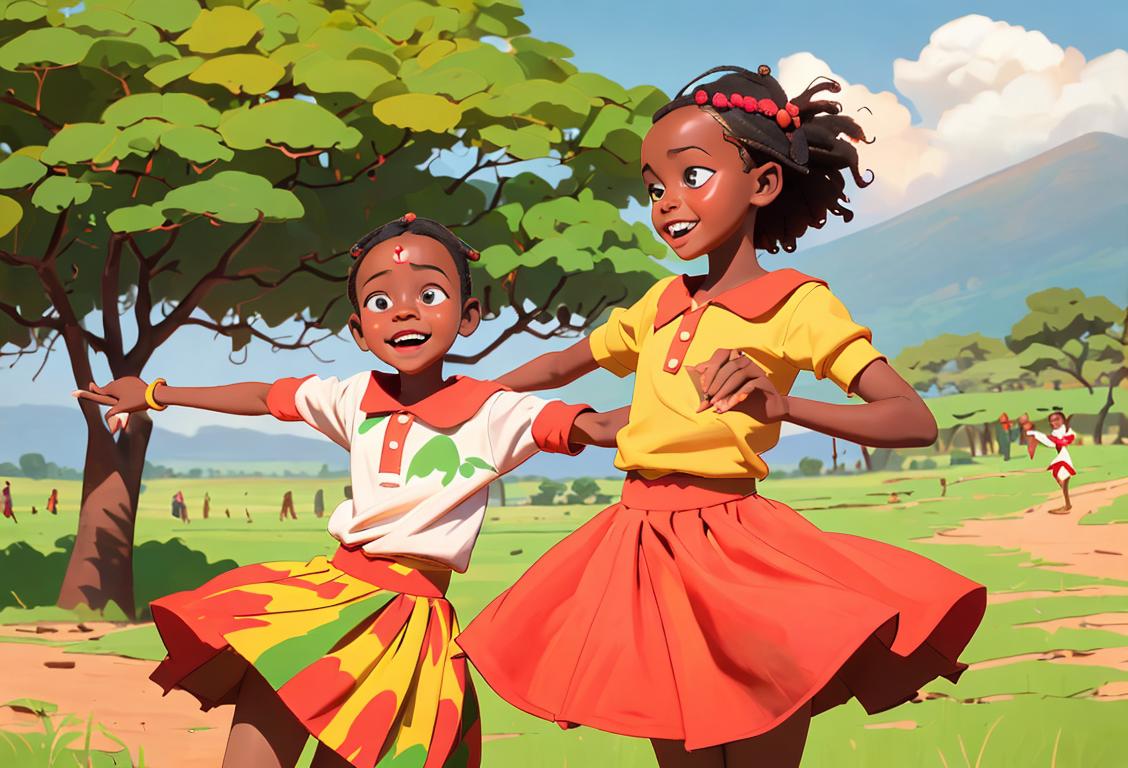 Happy children in colorful traditional Kenyan attire, holding hands and dancing in a vibrant celebration of Madaraka Day, with beautiful Kenyan landscape in the background..
