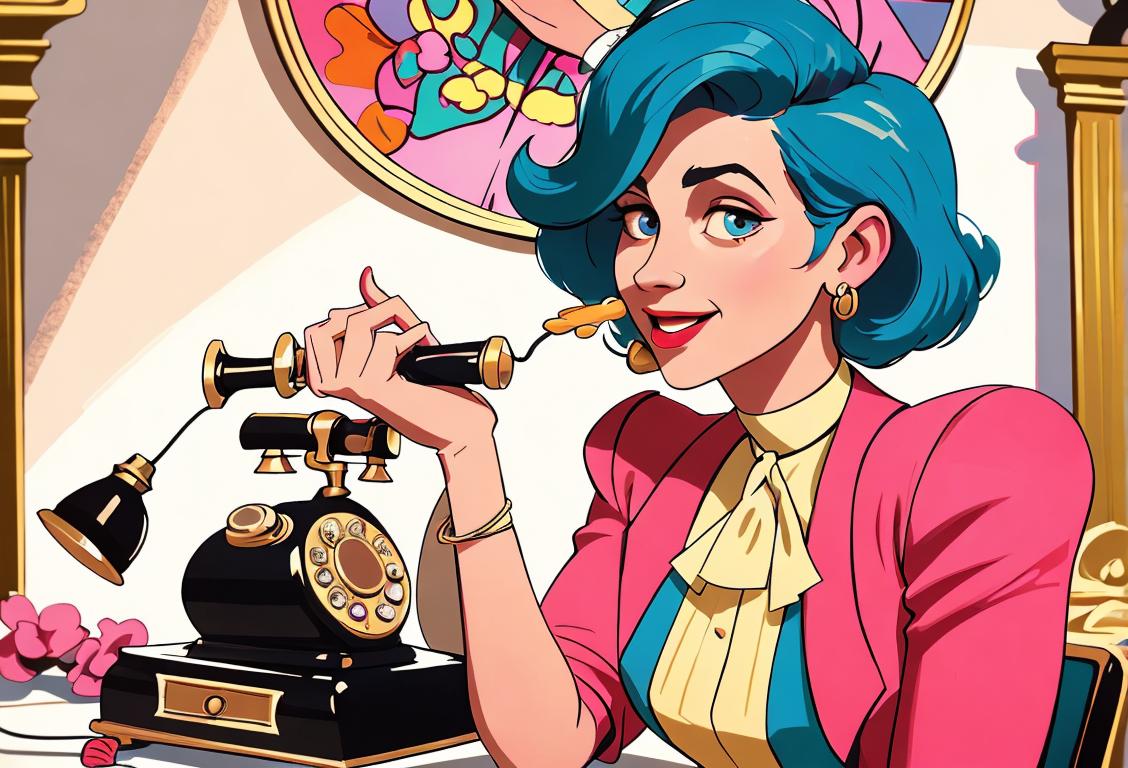 Well-dressed individuals joyfully talking on vintage telephones, celebrating National Call Day in a retro-inspired setting with classic 80s decor and colorful outfits..