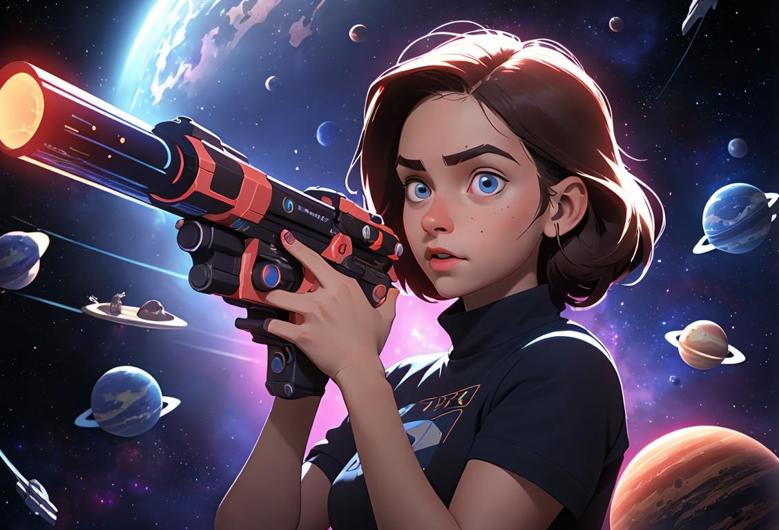 Young girl holding a futuristic laser gun, wearing a space-themed t-shirt, surrounded by a backdrop of stars and planets..