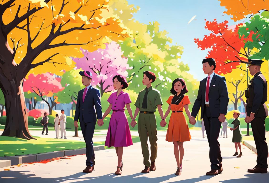 A diverse group of people holding hands in a peaceful gathering, wearing different colorful outfits, urban park setting..