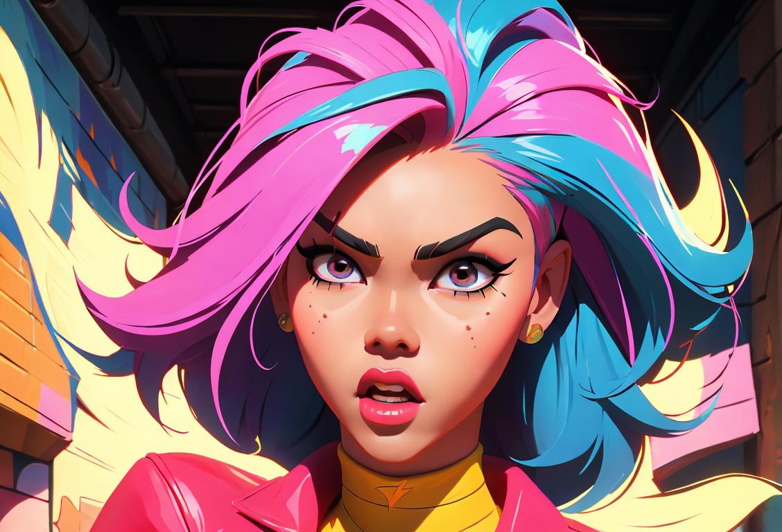 Young woman with colorful hair and flashy accessories, striking a fierce pose, urban street art backdrop..