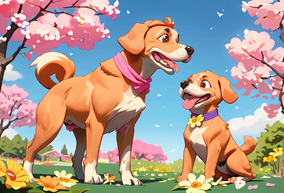 Happy dogs of various breeds, wearing colorful bandanas, playing in a sunny park filled with vibrant flowers..
