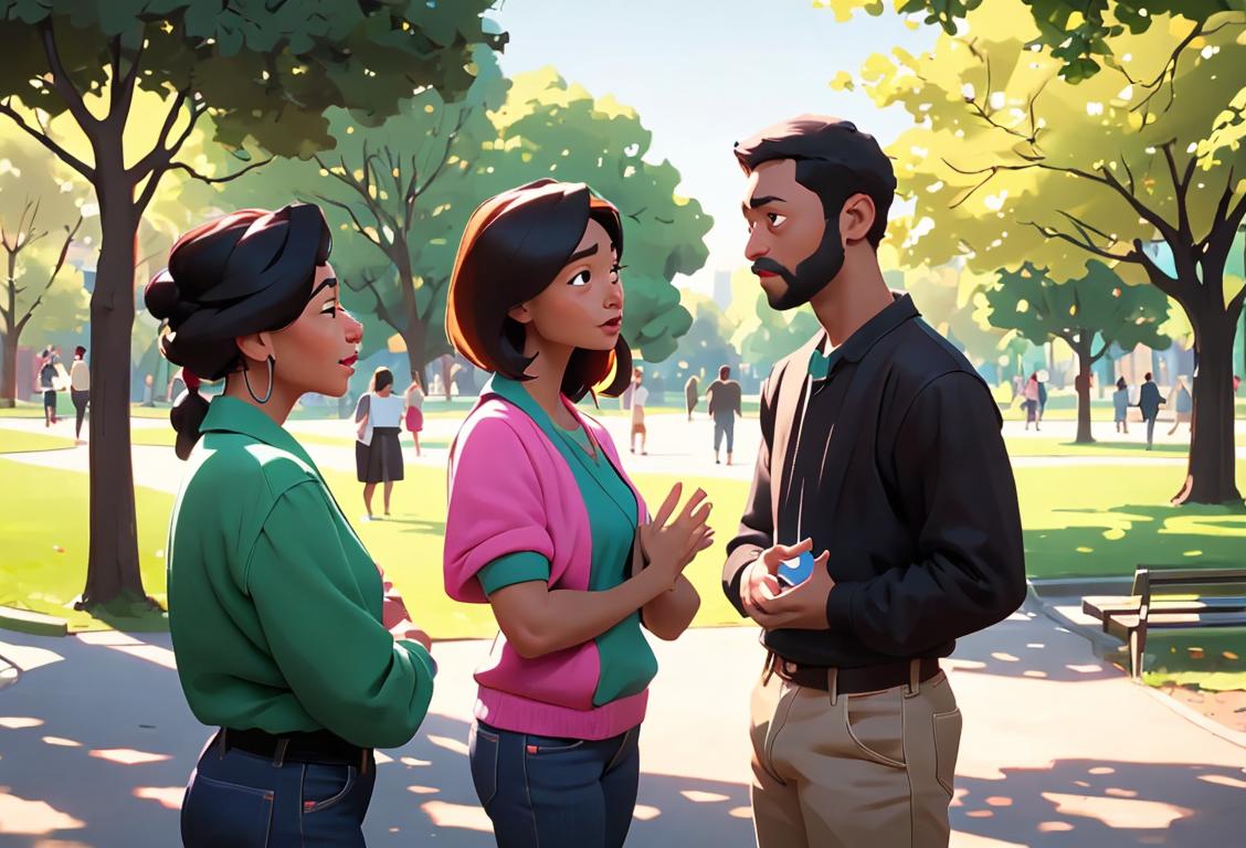 A diverse group of people engaging in a friendly conversation, in a park, wearing casual attire, conveying unity and open-mindedness..