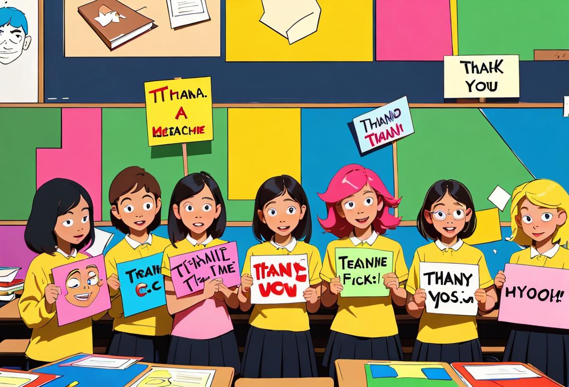A group of diverse children holding thank you signs, surrounded by colorful classroom decorations and books..