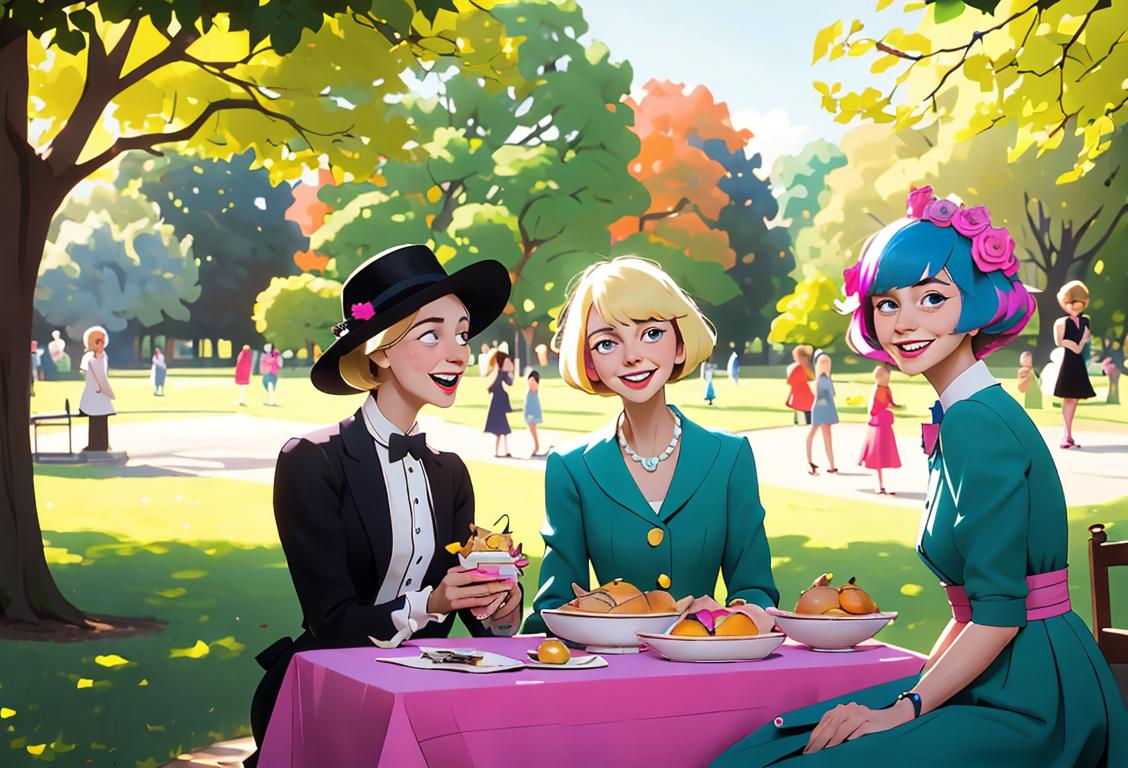 A cheerful group of people named Elizabeth, representing the different variations of the name, such as 'Liz' and 'Beth,' gathered together in a beautiful park. They are wearing colorful and stylish outfits, showcasing their unique fashion sense. The scene is filled with laughter, as they enjoy a picnic and share heartfelt moments. One person holds a banner that says 'National Elizabeth Day' to commemorate the special occasion..