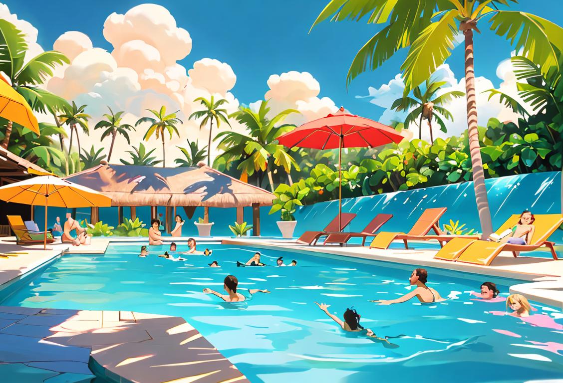 A joyful group of diverse individuals splashing in a clear blue pool, wearing bright swimwear, surrounded by tropical palm trees and sun umbrellas..