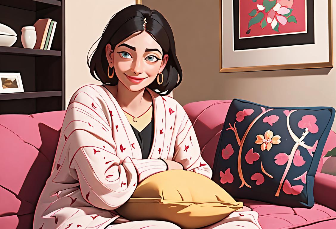 A person sitting on a cushion, surrounded by pillows of different colors and patterns, with a serene smile on their face, in a cozy living room setting..