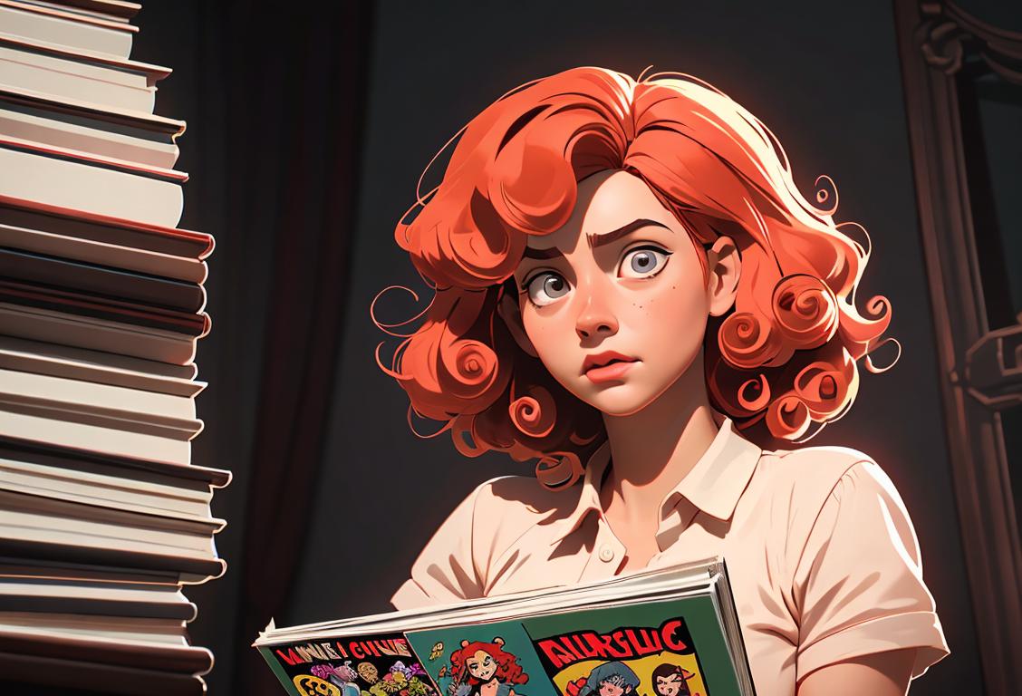 Young girl wearing a red curly wig, surrounded by stacks of comic books and a theater marquee in the background..