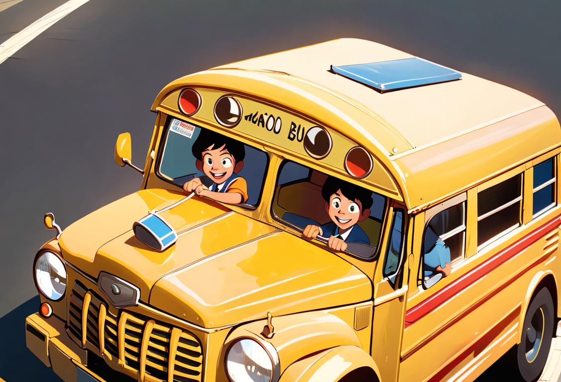 A school bus driver with a kind smile, wearing a classic uniform, surrounded by happy children holding lunchboxes and backpacks..