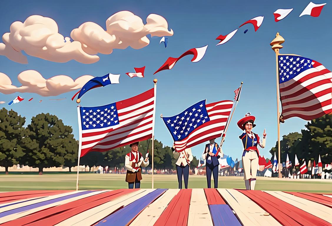 A group of diverse people dressed in patriotic attire, holding and waving American flags, against a backdrop of a historical landmark..