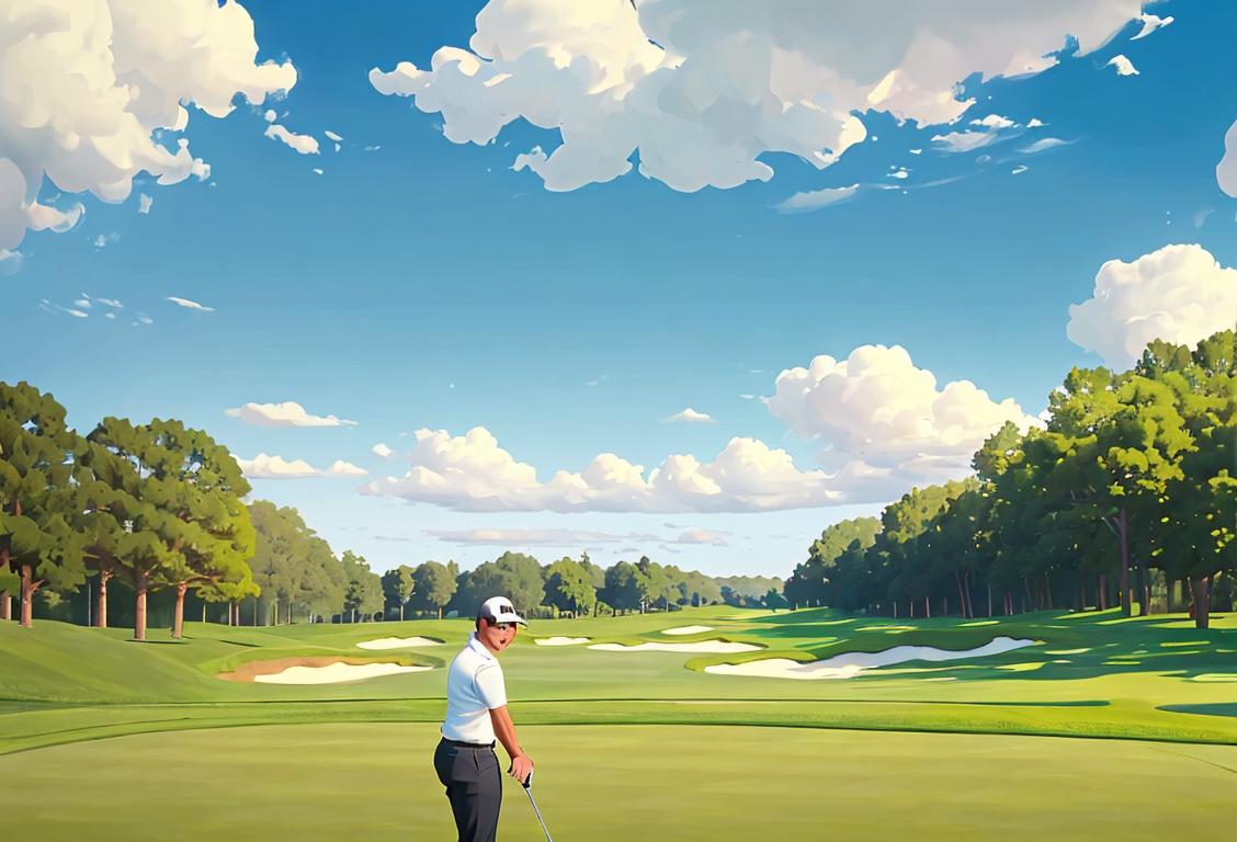A golfer with a big smile teeing off in a beautiful golf course surrounded by lush green fairways and blue skies..