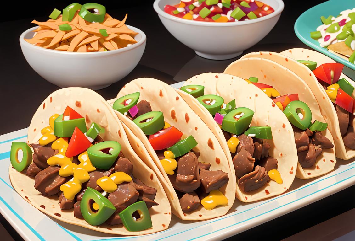 A group of diverse individuals enjoying freshly-made tacos with various toppings, representing the lively and flavorful celebration of National Taco Day..