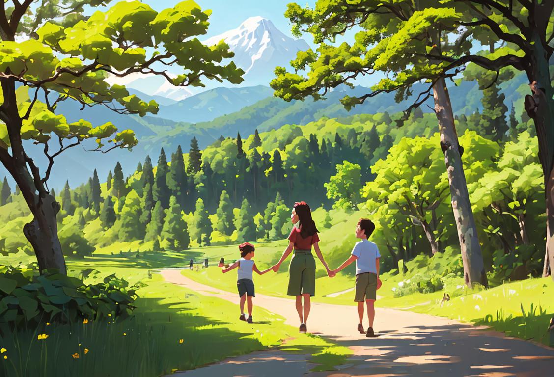 Family enjoying a scenic hike in a national park, wearing casual outdoorsy clothing, surrounded by lush green trees and mountains..