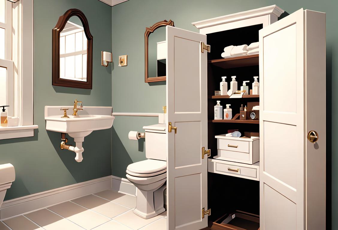 Young person organizing medicine cabinet, wearing clean and cozy attire, with a bright and tidy bathroom setting..