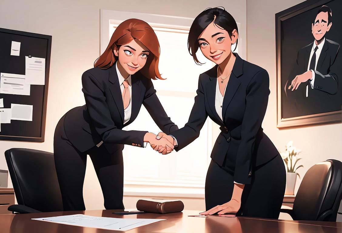 A professional woman in business attire shaking hands with a smiling job applicant in a modern office setting..