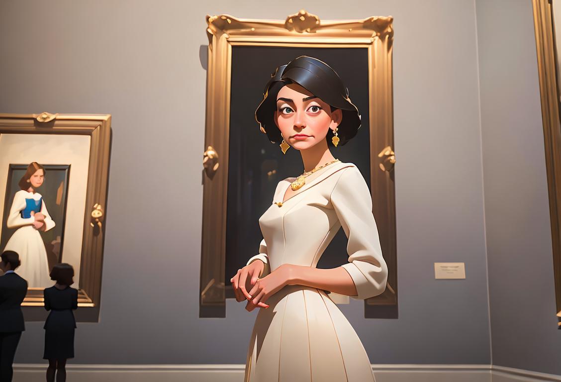Visitors standing in front of a vibrant portrait gallery, dressed in elegant attire from different time periods, capturing the essence of the National Portrait Gallery experience..