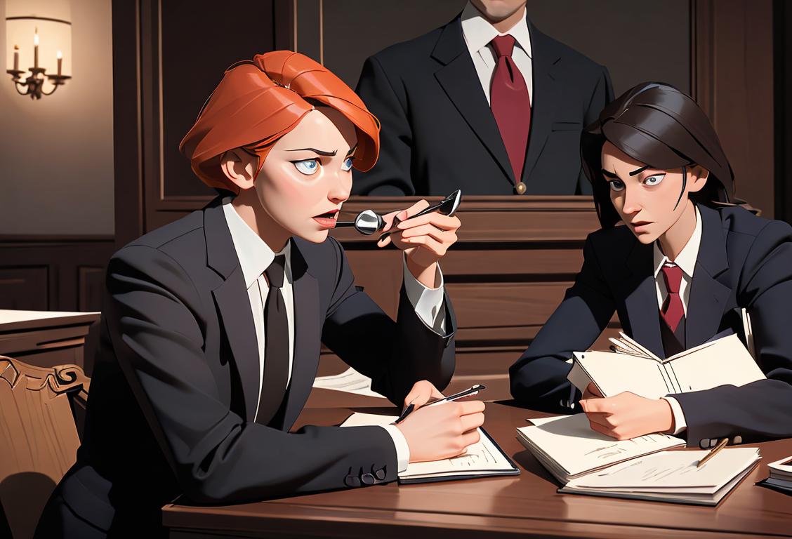 Two lawyers in suits having a friendly debate in a modern courtroom, legal books and a gavel on a table nearby..