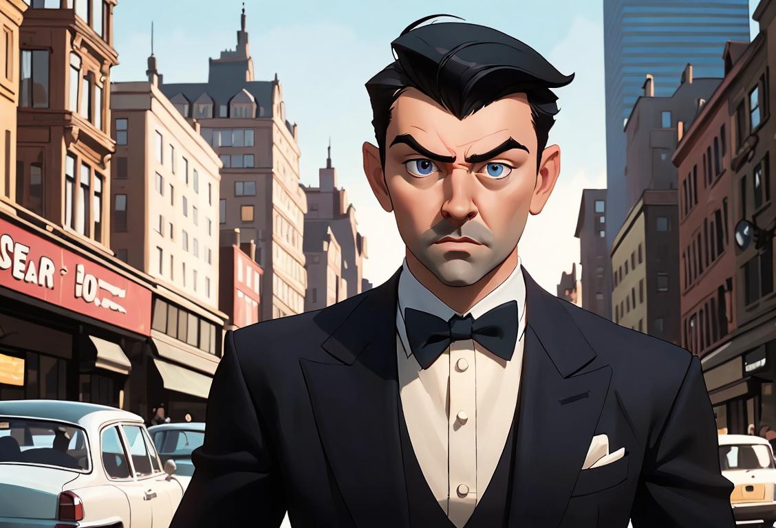 A charming Derek wearing a dapper suit, rocking a stylish haircut, in a bustling city setting..