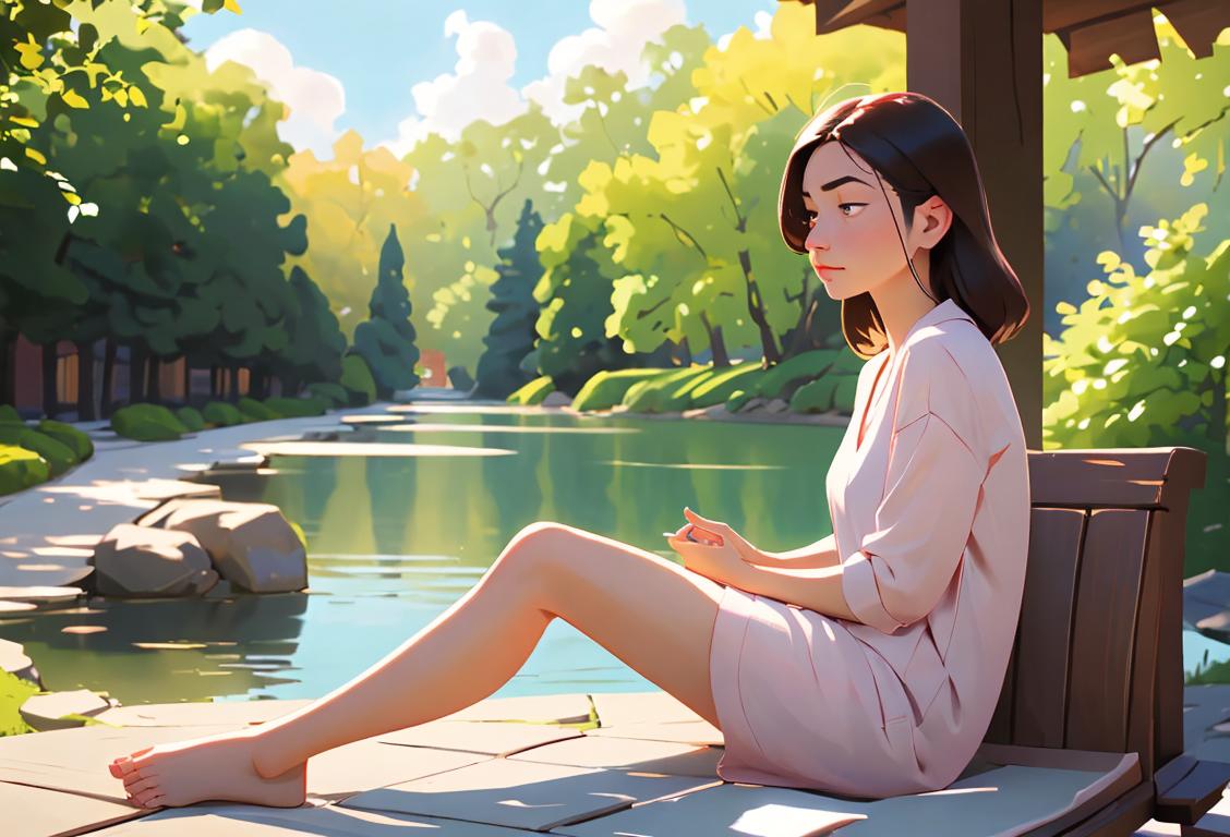 A person sitting in a serene outdoor setting, wearing comfortable clothing, enjoying a peaceful moment of relaxation..