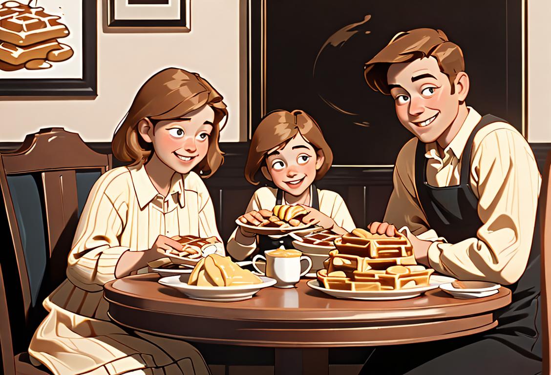 A family sitting around a table, happily enjoying a stack of golden, syrup-drenched waffles. Classic breakfast spread, cozy dining room, smiling faces..