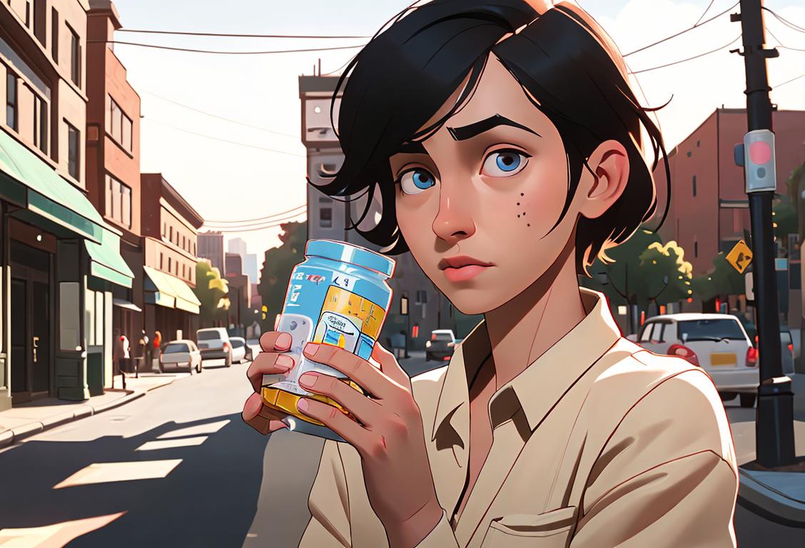 Young person holding a prescription pill bottle, wearing casual clothing, urban city setting with a medical clinic in the background..