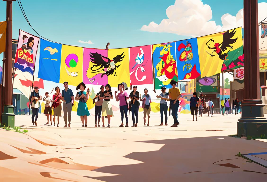 A group of diverse individuals, dressed casually, exploring various activities outdoors, surrounded by colorful banners and signs.