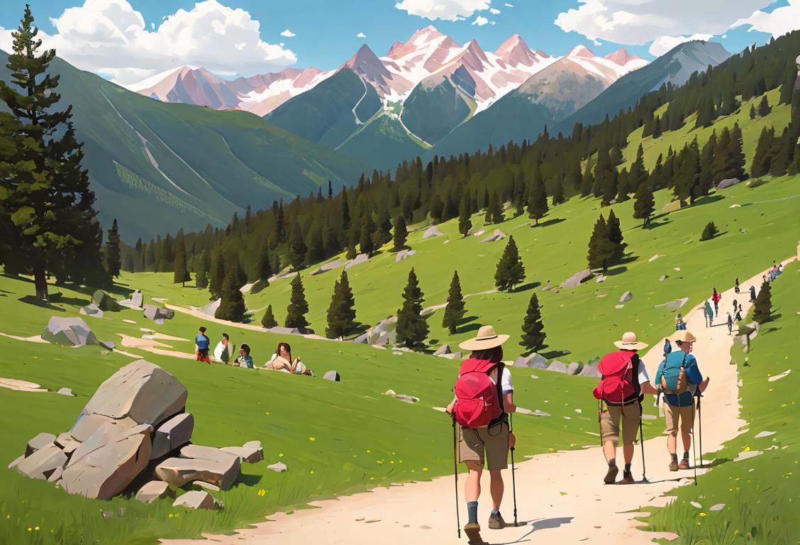 Group of diverse visitors wearing hiking gear, exploring a historic site, with mountains in the background..