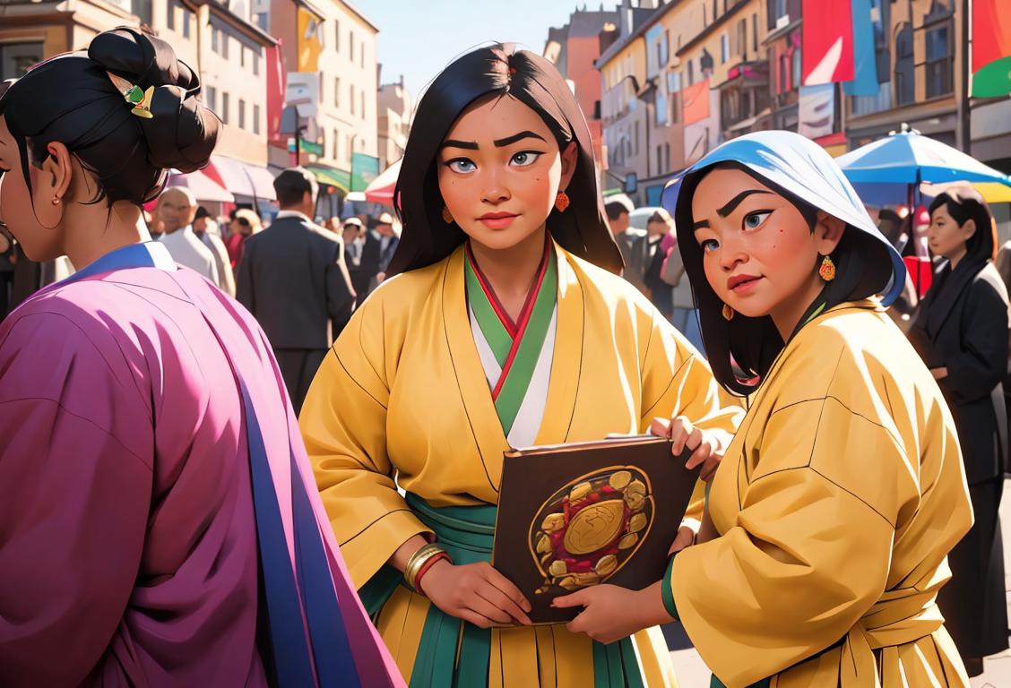 Diverse group of people from various cultures, wearing traditional clothing, gathered in a vibrant and multicultural city square..