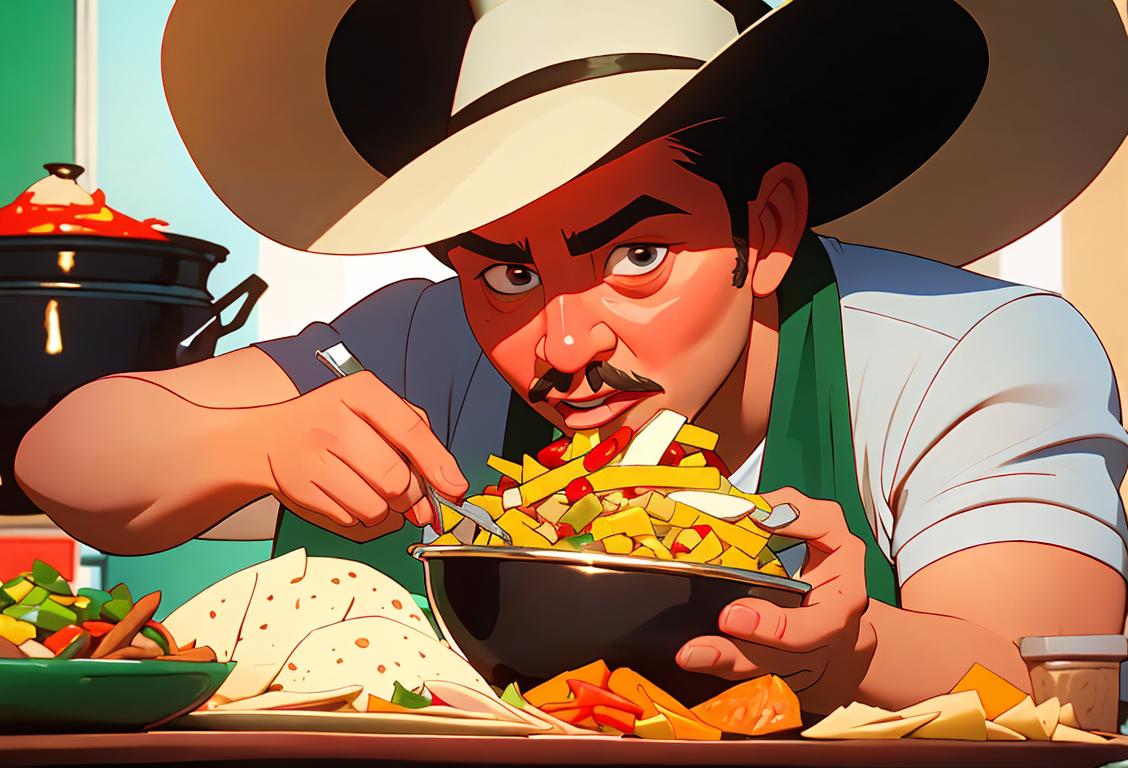 Mexican Chef wearing a colorful sombrero, cooking up a delicious feast in a vibrant kitchen, surrounded by mouthwatering spices and ingredients..