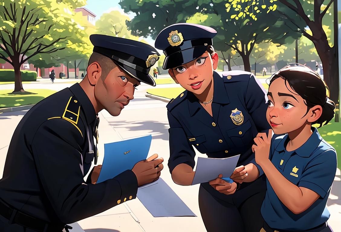 A police officer receiving a heartfelt thank you note from a diverse group of people, in a community park with kids playing and people exercising..