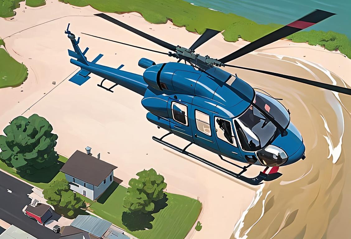 National Guard helicopter transporting water to community; pilot in uniform, cargo net suspended below, suburban neighborhood below..