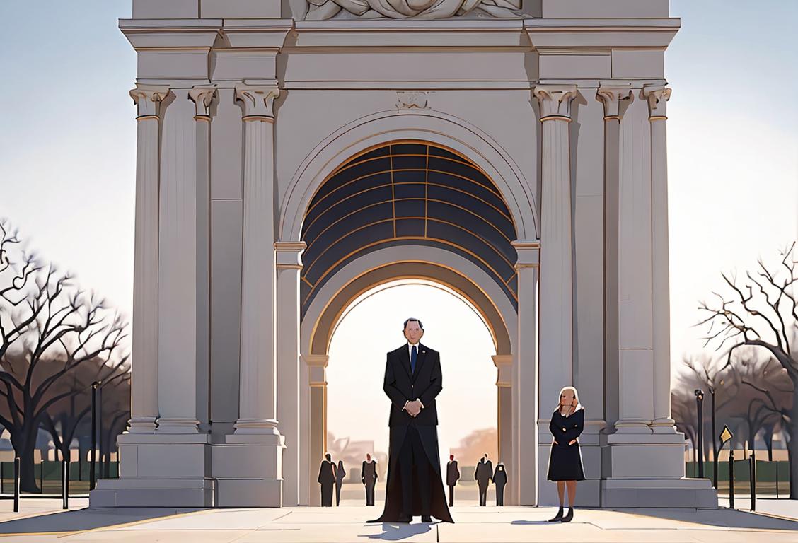A diverse group of people, dressed in formal attire, standing in front of a closed gate at the National Mall on Inauguration Day..