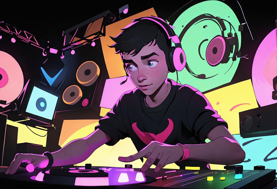 A young DJ wearing headphones, standing in front of a turntable, with colorful lights and a lively concert crowd in the background..