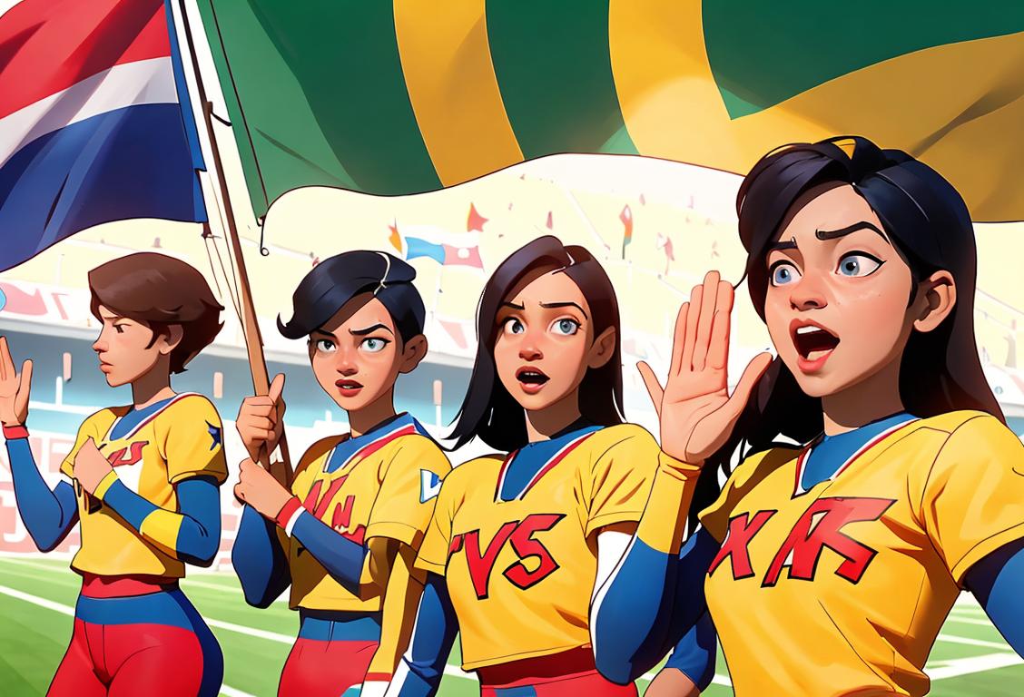 A diverse group of people wearing team jerseys, passionately cheering and waving flags in a vibrant stadium..