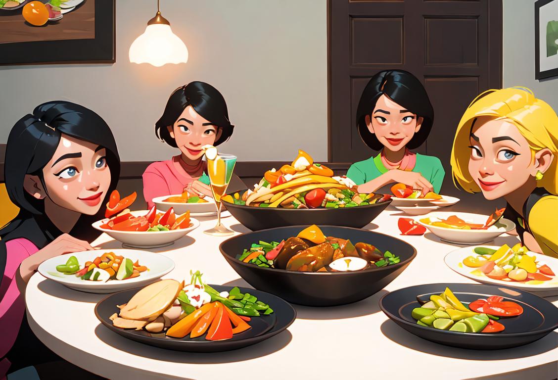 Group of friends gathered around a table, enjoying a delicious spread of ulam dishes. Vibrant colors, modern fashion, cheerful atmosphere..